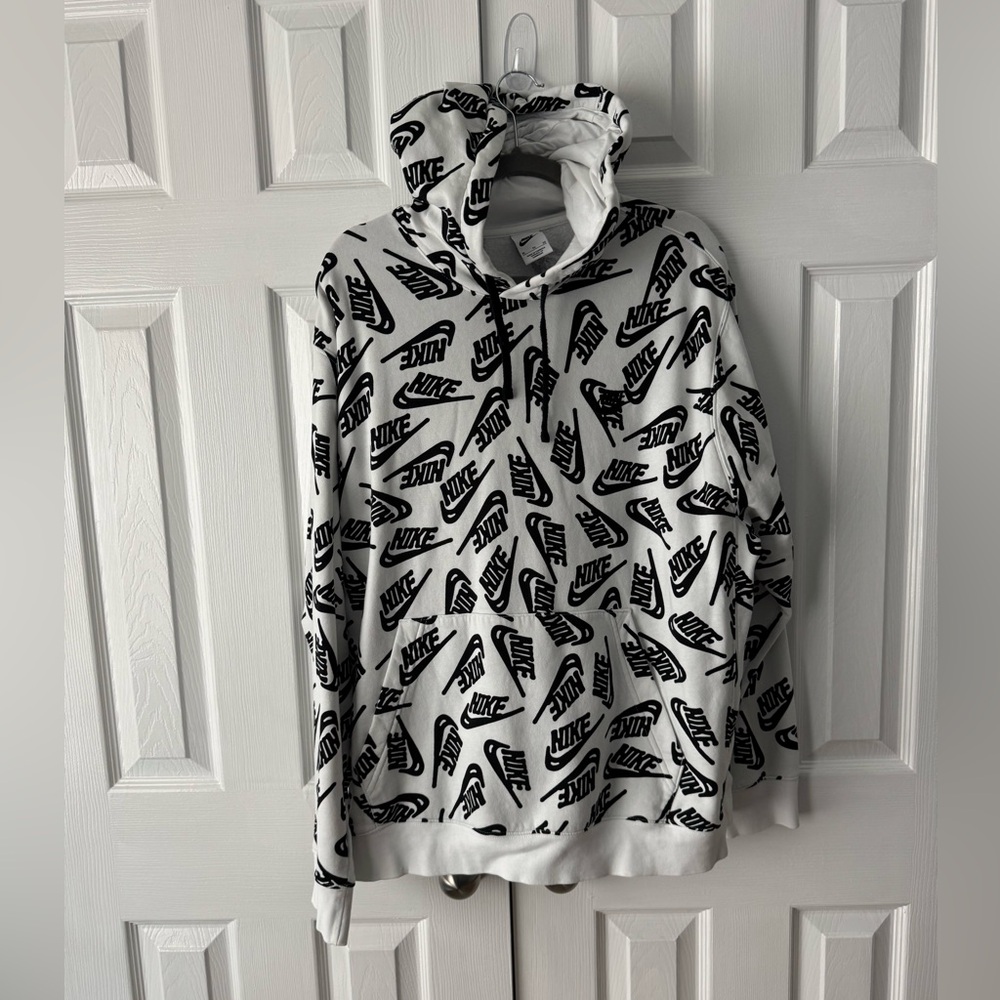 Nike White All Over Print Black Swoosh Pullover Hoodie Men's XL Monogram